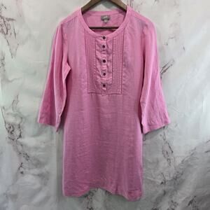 Anthropologie Dress Womens Small P Petite Pink Linen Popover Button Shift Mini